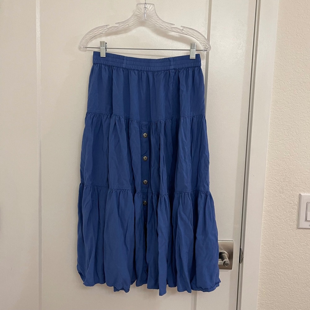 Vintage Blue Tiered Prairie Skirt Midi Cottagecore Boho Chic Western